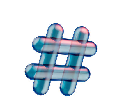 3D Transparent hashtag icon with a futuristic glow, symbolizing digital trends. 3D Illustration