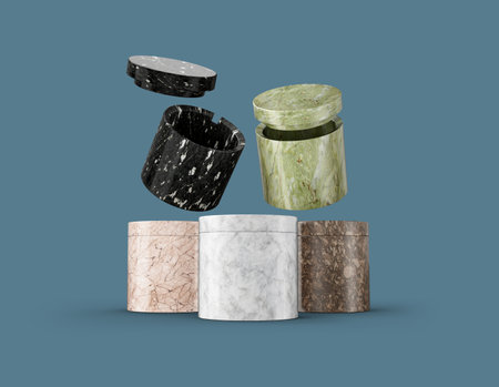 Elegant marble containers with various colors, perfect for stylish kitchen storage 3D Illustrationの写真素材