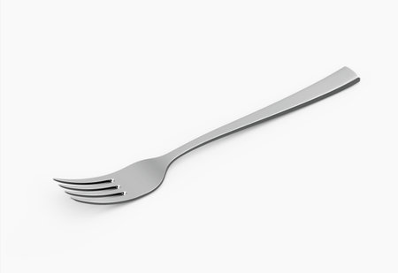 A sleek stainless steel fork with a reflective finish and a slightly curved handle. 3D Illustrationの写真素材