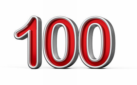 Vibrant Red Number Hundred 100 With Metallic Gleam And Beveled Edges, 3D Illustration