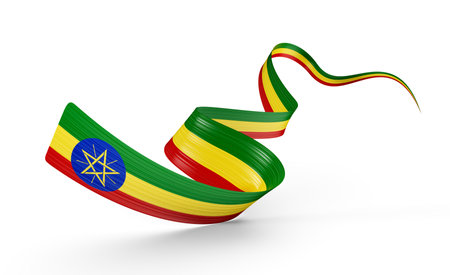 3d Flag Of Ethiopia 3d Shiny Waving Ribbon Flag Of Ethiopia On White Background 3d Illustrationの写真素材