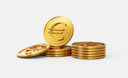 3d Stack Of Golden European Euro Coins Shiny Rounded Coins Stack On White Background 3d Illustrationの写真素材