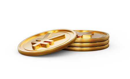 3d Stack Of Golden Japanese Yen Coins Shiny Rounded Coins Stack On White Background 3d Illustrationの写真素材