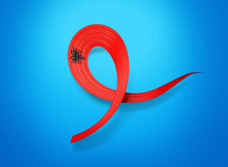 3d Flag Of Albania 3d Shiny Waving Flag Ribbon Isolated On sky blue Background 3d Illustrationの写真素材