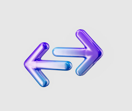 Two shiny 3D arrows in purple and blue, pointing left and right. 3D Illustration.の写真素材