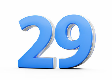3D Number 29 Twenty Nine Made Of Blue Body With Silver Outline On White Background 3D Illustrationの写真素材