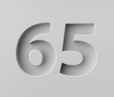 Sleek White Number 65 Sixty Five With Subtle Shadow Embossed Into Grey Background 3D Illustrationの写真素材