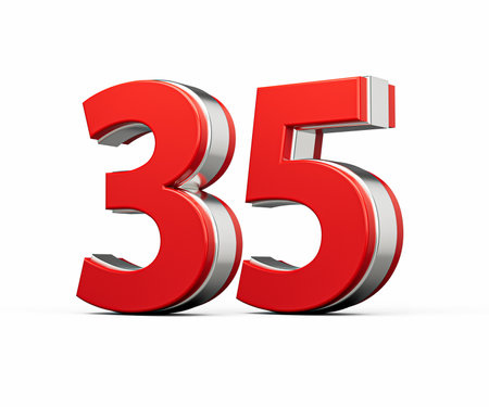 Bold Vibrant Red Number Thirty five Number 35 With Metallic On White Background 3D Illustrationの写真素材