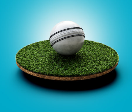 3D White Leather ODI Cricket Ball With Green Grass Ground Field On Blue Background 3D Illustrationの写真素材