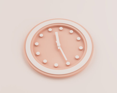 Minimalist Pastel Pink And White Rounded Wall Clock 11:25 Eleven Twenty Five Time 3D Illustrationの写真素材