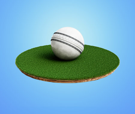 Shiny White Leather Stitched ODI Cricket Ball With Rounded Green Grass Ground Field 3D Illustrationの写真素材