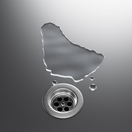 Water shaped of Barbados Map on a stainless steel surface draining into a drain 3d illustrationの写真素材