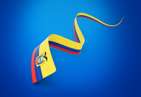 3d Flag Of Ecuador 3d Shiny Waving Twisted Ribbon Flag Of Ecuador On Blue Background 3d Illustrationの写真素材