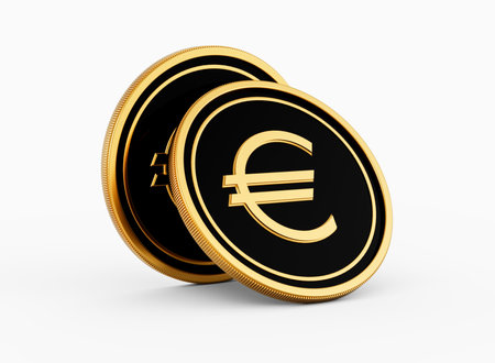 Shiny Golden And Black Two Rounded European Euro Coins Isolated On White Background 3d Illustrationの写真素材