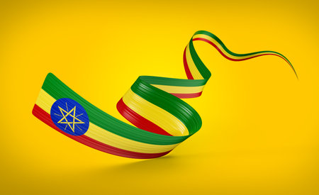 3d Flag Of Ethiopia 3d Wavy Shiny Ethiopia Twisted Ribbon Flag Isolated On Yellow Background 3d Illustrationの写真素材