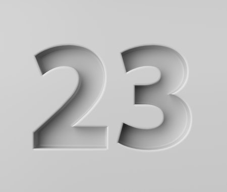 Sleek White Number 23 Twenty Three With Subtle Shadow Embossed Into Grey Background 3D Illustrationの写真素材