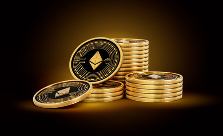 Stack Of Golden Cryptocurrency Ethereum ETH Coins On Shiny Golden Glow Background 3d Illustration