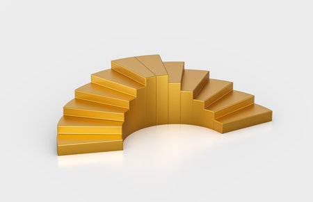 Golden staircase with curved design, perfect for product shoots and displays. 3d Illustrationの写真素材