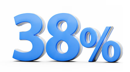 Vibrant Blue 38% Thirty Eight Percent Sign With Metallic Gleam On White Background 3D Illustrationの写真素材