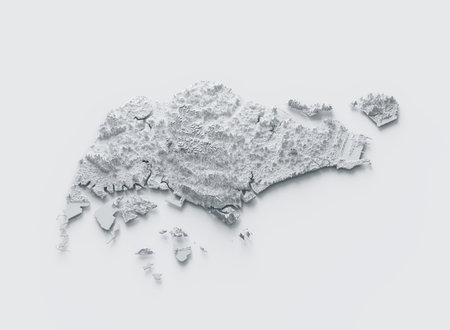 Snowy Singapore Map White and Gray Shaded Relief Textured. 3D illustrationの写真素材