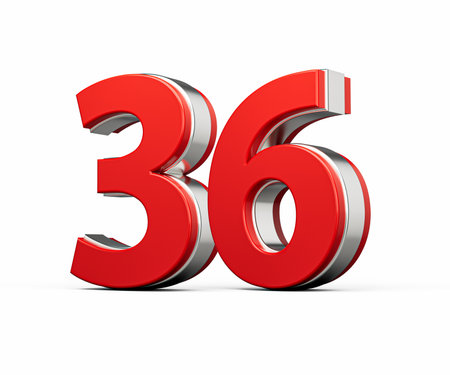 Bold Vibrant Red Number Thirty six Number 36 With Metallic On White Background 3D Illustrationの写真素材
