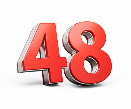 Bold Vibrant Red Number Forty eight Number 48 With Metallic On White Background 3D Illustration