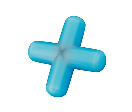 3D Blue plus sign with a glossy finish, featuring smooth, rounded edges. 3D Illustrationの写真素材