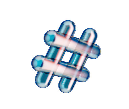3D Transparent hashtag icon with a futuristic glow, symbolizing digital trends. 3D Illustration