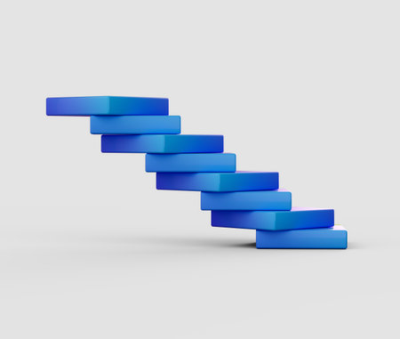An abstract 3D staircase of blue blocks, forming a dynamic and geometric structure. 3d illustrationの写真素材