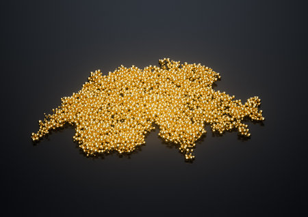 Switzerland Map Made Of High Quality Premium Golden Shiny Metallic Beads Or Balls 3D Illustrationの写真素材