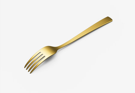 A sleek gold-plated fork with a reflective finish and a slightly curved handle. 3D Illustrationの写真素材
