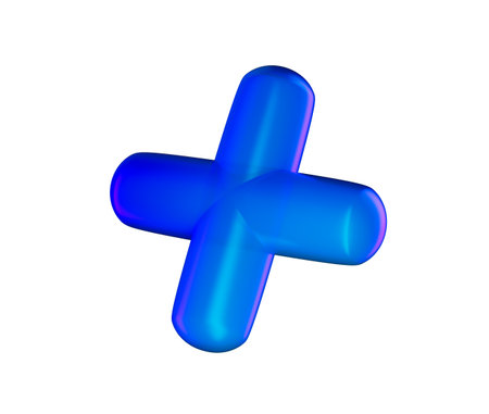 3D Blue plus sign with a glossy, gradient finish, featuring smooth, rounded edges. 3D Illustrationの写真素材
