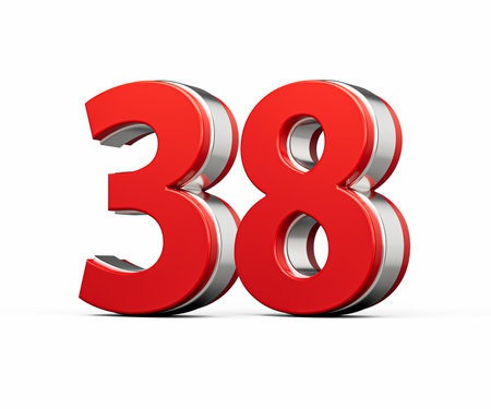 Bold Vibrant Red Number Thirty eight Number 38 With Metallic On White Background 3D Illustrationの写真素材