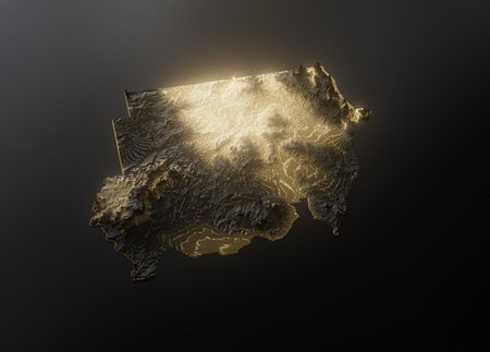 Sudan Map Golden Metallic Texture Map Isolated On Black Background, 3D Illustrationの写真素材