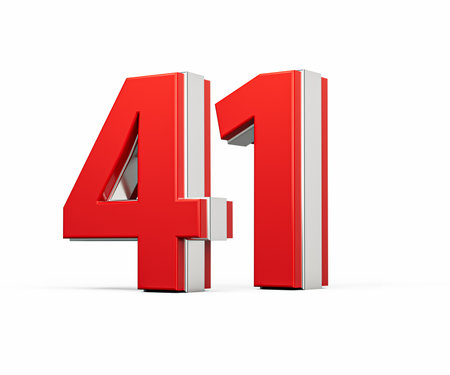 Bold Vibrant Red Number Forty one Number 41 With Metallic On White Background 3D Illustration