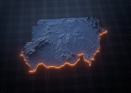 Illuminated Sudan Data Map Highlighting Geographical Features Neon Glow Light 3D Illustrationの写真素材