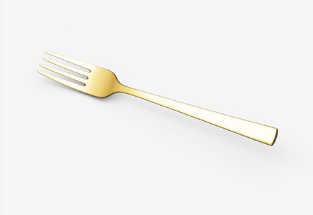 A sleek gold-plated fork with a reflective finish and a slightly curved handle. 3D Illustration