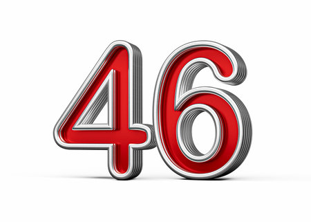 Vibrant Red Number Forty six 46 With Metallic Gleam And Beveled Edges, 3D Illustration