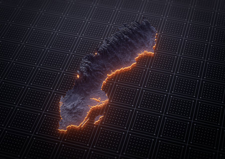 Illuminated Sweden Data Map Highlighting Geographical Features Neon Glow Light 3D Illustration