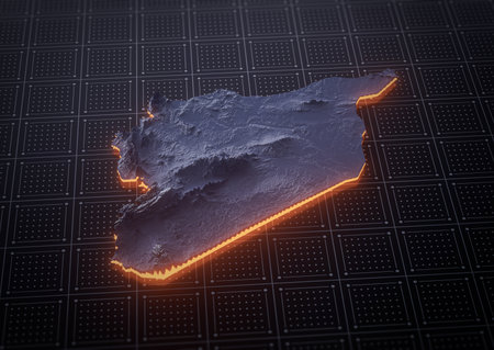 Illuminated Syria Data Map Highlighting Geographical Features Neon Glow Light 3D Illustrationの写真素材