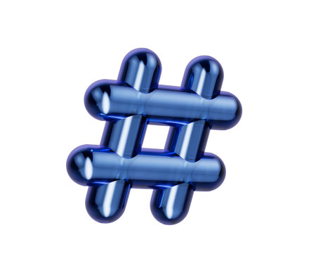 3D Metallic hashtag icon with a blue chrome finish, symbolizing social trends. 3D Illustration.の写真素材