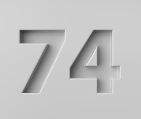 Sleek White Number 74 Seventy Four With Subtle Shadow Embossed Into Grey Background 3D Illustrationの写真素材