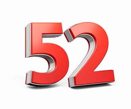 Bold Vibrant Red Number Fifty two Number 52 With Metallic On White Background 3D Illustrationの写真素材