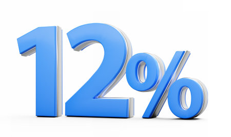 Vibrant Blue 12% Twelve Percent Sign With Sleek Metallic Gleam On White Background 3D Illustration