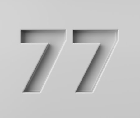 Sleek White Number 77 Seventy Seven With Subtle Shadow Embossed Into Grey Background 3D Illustration