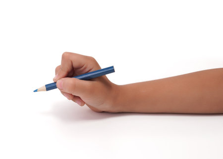 Young hand holding blue pencil, ready to write or draw on a white background.の写真素材