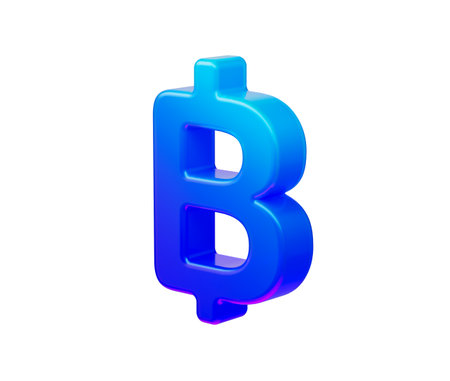 A glossy blue Thai Baht currency symbol with gradient depth, modern and sleek, 3D Illustrationの写真素材