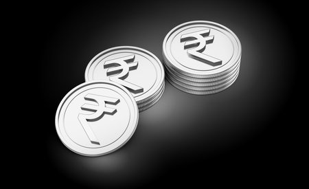 Stack Of Silver Shiny Indian Rupee Rounded Coins On Shiny Silver Glow Background 3d Illustrationの写真素材