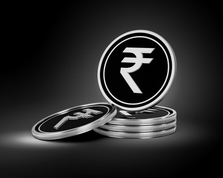 Stack Of Silver And Black Indian Rupee Coins Set On Shiny Silver Glow Background 3d Illustrationの写真素材