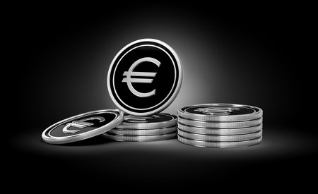 Sleek Silver And Black European Euro Coins Rounded Coins Stack On dark Background 3d Illustrationの写真素材
